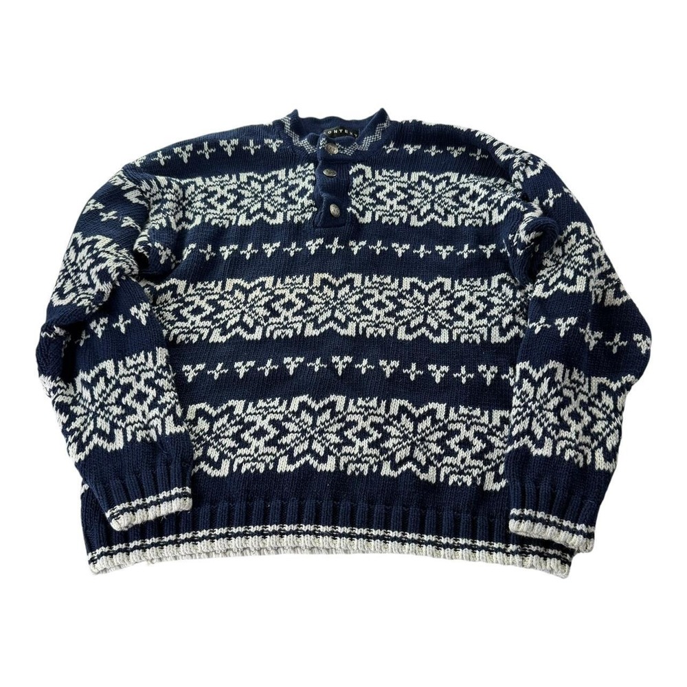 Context Nordic Fair Isle Knit Sweater XL Blue White Button Mock Neck